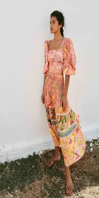 Farm Rio Mixed Pink Prints Maxi Skirt Tiered Crochet Tube Dress Medium • £144.53