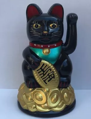 Feng Shui  BECKONING CAT Wealth Lucky Waving Kitty Maneki Neko 4  Tall BLACK • $9.95