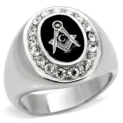 Mens Masonic Ring Silver Signet Pinky Simulated Diamonds Oval Stainless Steel  • £19.95