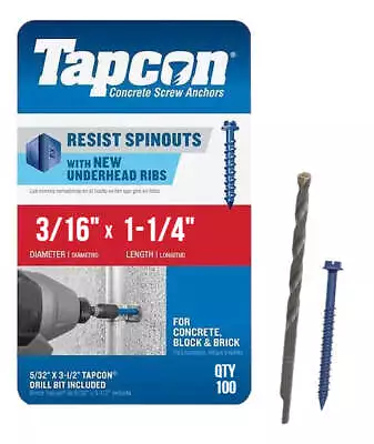 Tapcon 3/16  X 1-1/4  Hex Head Concrete Anchor Screws 3139407 | 100 Pack | Drill • $21.50