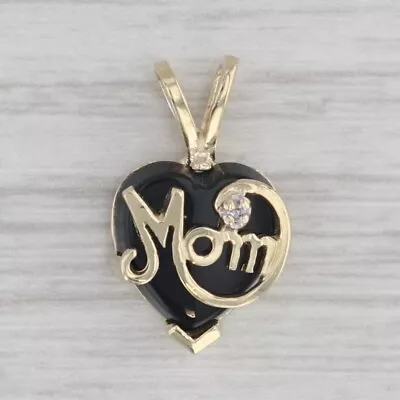 Onyx Heart Mom Pendant 10k Yellow Gold Diamond Accent Small Drop • $89.99