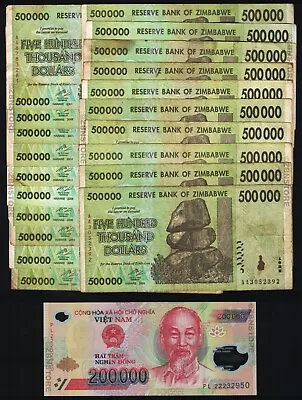 20 X 500000 Dollars Zimbabwe 2008 + 200000 Dong Vietnam Banknote COA Authentic • $61.99