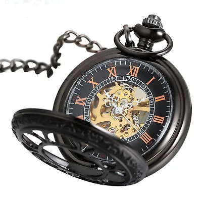 Mens Pocket Watch Mechanical Black Steampunk Skeleton Retro Chain Luxury Classic • $19.94