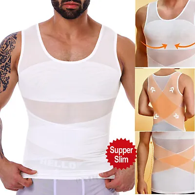 Men Slimming Body Shaper Belly Chest Compression Vest Girdle Shirt Mesh Tank Top • £14.79