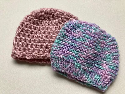 BRAND NEW Hand Knitted Pop On Hats Baby Girls Clothing Premature Size • £5.99