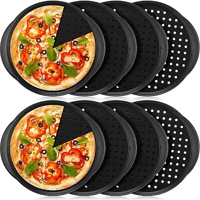 8 Pack Carbon Steel Pizza Pans With Holes And Handle 14 Inch Non Stick Tray • $19.95