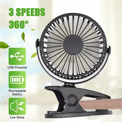 USB Clip On Fan 3 Speeds Mini Portable Table Cooling Fan For Home Office 2000mAh • £8.39