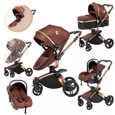 Stroller 3 In 1 Stroller Newborn Pram PU Leather Brown • £376