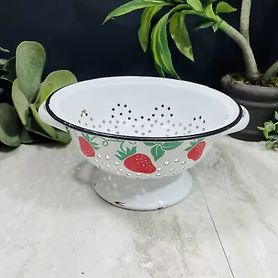 Vintage Strawberry Enamelware Strainer White Colander Decor Teleflora 1983 • $19.99