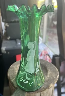 Antique Mary Gregory Green Glass Vase Hand Painted Victorian Woman Pastoral 7” • $143.40