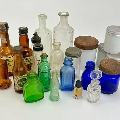 Vintage Miniature Colored Clear 21 Glass Bottles Jars Mix Lot Green Cobalt Milk • $4.25