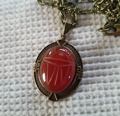 Vintage SCARAB PENDANT NECKLACE Genuine Stone CARNELIAN • $21