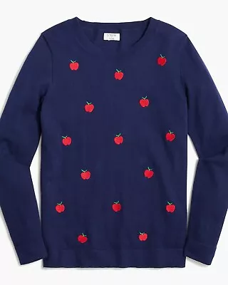 New! J Crew Sz Small S Navy Blue Apple Teddie Sweater Woman's Embroidered NWT • $39