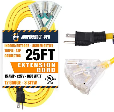 25 Foot Yellow Indoor Outdoor Extension Cord 3-Outlet 25ft Feet 25' Long Power • $34.97