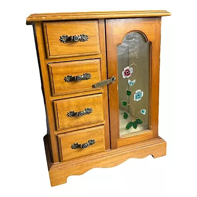 Vintage Wooden Wardrobe Style Jewellery Box 4 Drawer Cabinet Stain Glass Door • £17.99