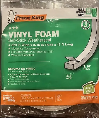 Frost King Vinyl Foam Weatherseal Self Stick Tape 3/4” X 3/16” X 17' NEW! • $9.99
