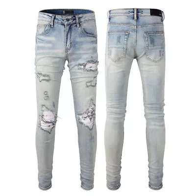 Men Punk Skinny Fit Stretch Ripped Patches Sanding Washed Distressed Denim Jeans • $59.17