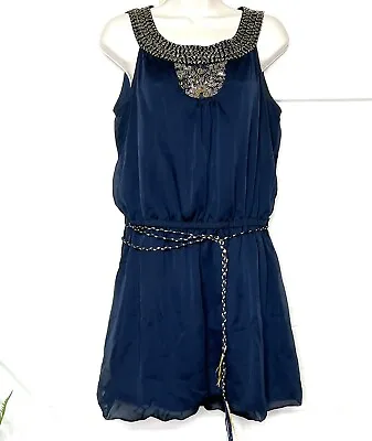 Ya Los Angeles Womens Size Medium Navy Dress Embellished Gold Cord Roman Style • $14.25