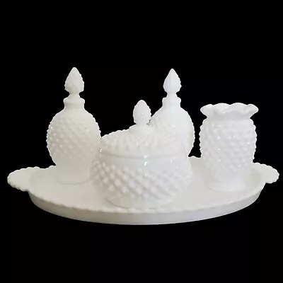 Fenton Hobnail Milk Glass Vanity Set W/ Oval Tray 7 Piece Dresser Set And Vase • $438.93