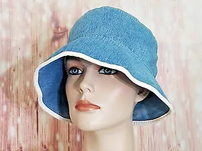 Lands End Faded Blue Denim Jean Bucket Hat Fishermans Beach Vintage Womens L/XL • $10.95