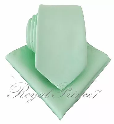 New Men's 100-V Self Tie Neck Tie And Pocket Square Hankie Set Pastel Mint Green • $12.34