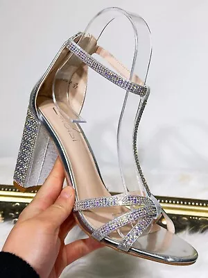New Womens Ladies Diamante High Heel Strap Open Toe Party Wedding Sandals Shoes • £14.24
