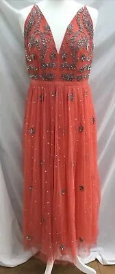 BNWT Miss Selfridge Beaded Sequin Evening Dress Orange Peach Midi Net UK 14 • $43.52