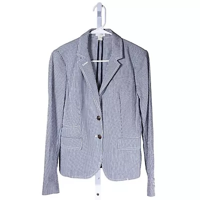 J. Crew Women's Blazer Blue White Striped Cotton Two Button Work Suit Jacket 4 • $37.99