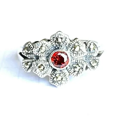 (SIZE 678) GARNET Stone FLOWER RING W/ Marcasite Stones 925 STERLING SILVER • $18.50