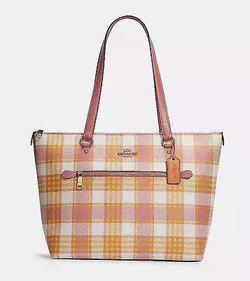 Coach Gallery Leather Tote With Garden Plaid Print - Gold/Taffy Multi • $100