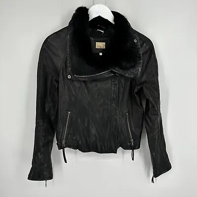 State & Lake Moto Jacket Leather Rabbit Fur Neck  Black Women’s Size Small • $74.98