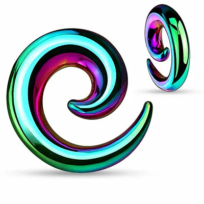 Pair Rainbow Anodized Stainless Steel Ear Spirals Tapers Gauges 0g 2g 4g 6g 8g • $17.49