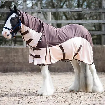 600D 2in1 Waterproof Fly Turnout Mesh Horse Rug Fixed Neck Brown/Caramel 5'6-6'9 • £29.99