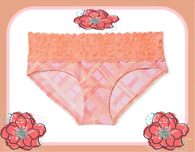 XXL Peach Plaid Wide Stretch Lace Waist Victorias Secret Hiphugger Brief Panty • £10.60