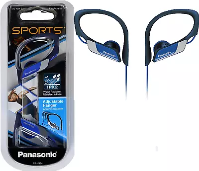 Panasonic RP-HS34 BLUE Water Resistant Sport Earphones Adjustable Ear Clip NEW • £9.97