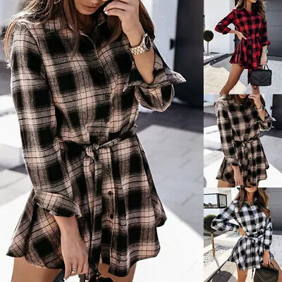 £5.69 • Buy Womens Plaid Check Mini Shirt Dress Ladies Long Sleeve Work Casual Button Blouse