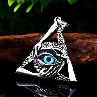MOYON Mens Illuminati Masonic Blue Evil All Seeing Eye Hip Hop Pendant Necklace • $7.99