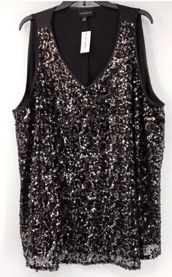 LANE BRYANT  Women's 26 Black Gold Sequins Beads Pullover Sleeveless Blouse Tank • $14.73