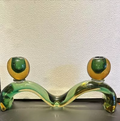 Mid Century Glass Swirl 2 Candle Holder Green And Pale Orange • $25