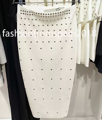 Zara New Woman High-waist Midi Knit Stretch Skirt With Studs White S-l 5584/158 • $49.88