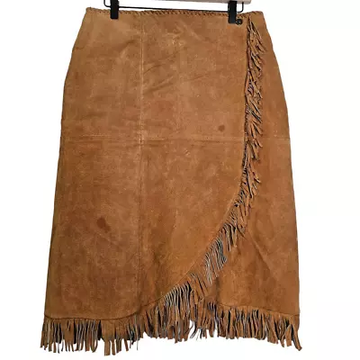 Vintage 70s S Fringe Brown Leather Western Pencil Skirt Boho Rodeo Cowgirl • $45