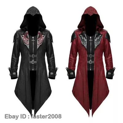 Mens Steampunk Faux Leather Hooded Coat Irregular Gothic Trench Jacket Hallowmas • $43.76