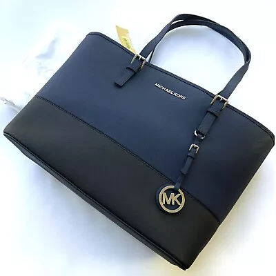 Nwt Michael Kors Jet Set Travel Tote Saffiano Leather Navy/blk • $149.99