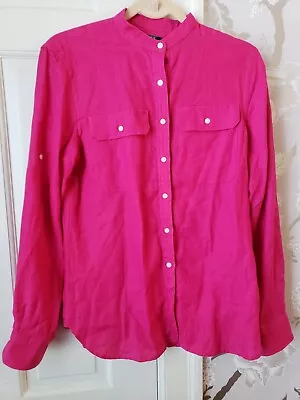 Ralph Lauren LRL Pink Linen Top Shirt M Mandarin Collar Roll Tab Sleeve Womens • $29.99