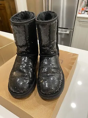 Ugg Classic Short Sparkle Sequin Shearling Boots Women Size 8 Black ! • $49.99