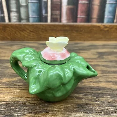 Green Ceramic Tea Pot Butterfly Top Mini Pot Green Leaf • $10