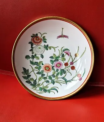 Chinoiserie Brass Back BOWL HandPainted White Porcelain DRAGONFLY Flower Horchow • $18