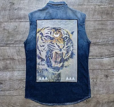 Drop Dead Jeans Vest Mens Size M Blue Tiger Big Logo Buttons Eye Rock Biker • $99