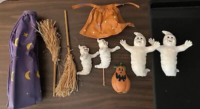 Vintage Halloween Decorations Plastic Ghost Family Pumpkin & Witch Cloak & Broom • $18.99
