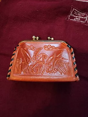 Vintage 1970's Mexico Tooled Leather 2 Pocket Change Coin Purse Double Kiss Lock • $5.99